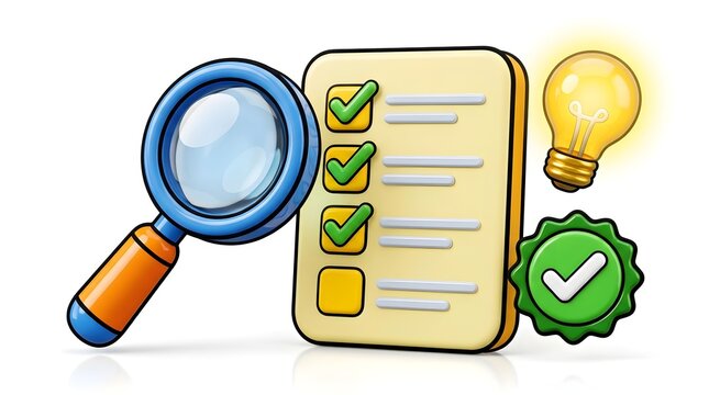 Checklist Review with Magnifying Glass and Green Approval Badge for Quality Control and Verification