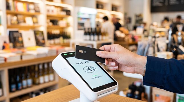 Customer making contactless card payment at retail checkout terminal. Secure digital transaction in shop with tap to pay technology and modern cashless commerce concept.