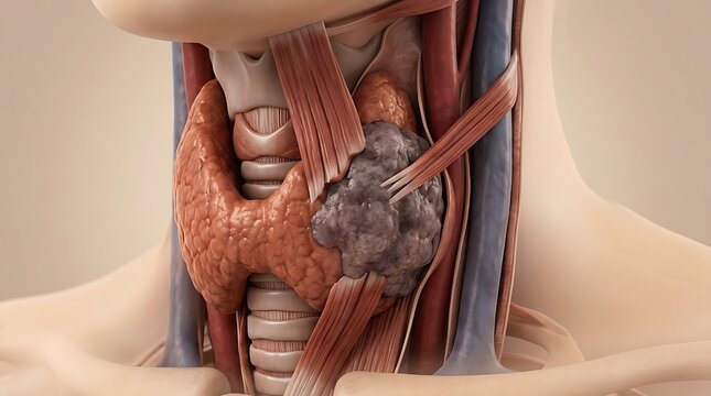 Human neck anatomy illustration showing a thyroid gland tumor