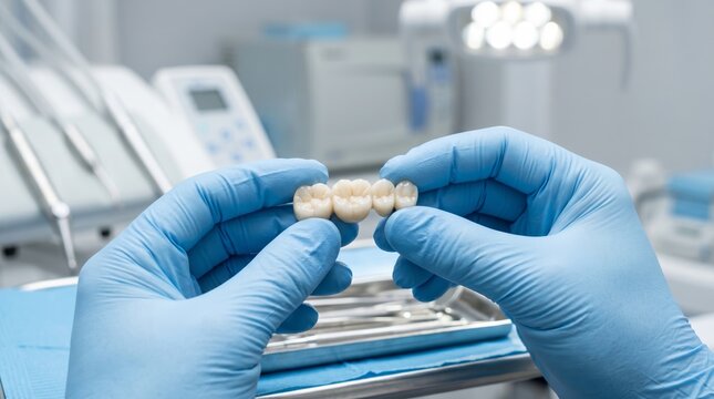 Dental professional holding a row of artificial teeth in a modern clinic. Prosthetic dentistry, tooth replacement, oral healthcare, dental restoration, and laboratory concept with copy space.