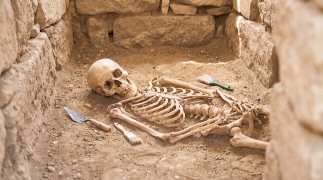 Human skeleton uncovered at archaeological excavation site. Ancient burial discovery with trowel and brush for forensic research, anthropology, history, archaeology, and education.