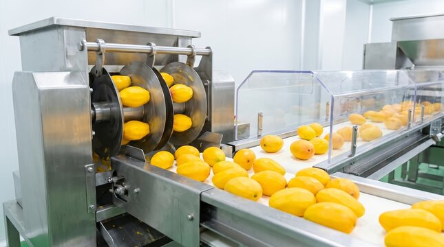 Industrial mango processing machine sorting fresh fruit on a conveyor belt. Automated food production line for washing, grading, and packaging agricultural harvest in a modern factory.