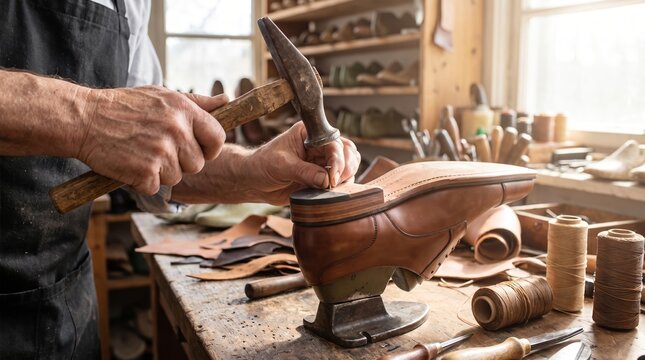 Male leatherworker hammering a handmade shoe on a workbench. Traditional shoemaking craft in a warm artisan workshop. Skilled craftsmanship, repair and handmade footwear production concept.