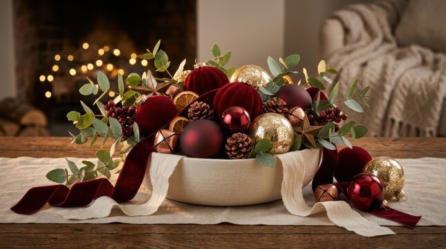Christmas centerpiece with red velvet ornaments, gold baubles, pinecones, and eucalyptus in a ceramic bowl on a rustic wooden table