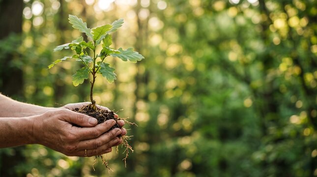 Young oak sapling held in cupped hands, reforestation and environmental conservation concept, small green tree sprout in forest