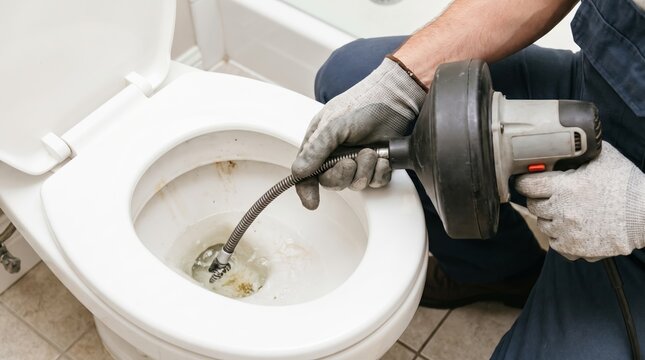 Plumber using a powered drain auger to unclog a toilet. Professional bathroom repair and plumbing maintenance service for blocked pipe and sanitation problem.