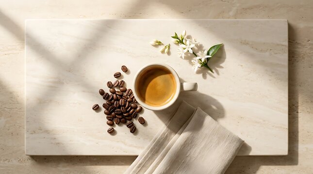 Espresso coffee cup with roasted beans and flowers on marble tray