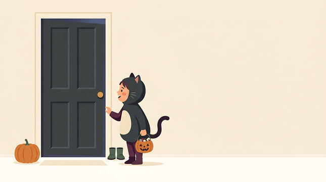Child in black cat costume standing in front of a closed door holding a pumpkin bucket with child knocking