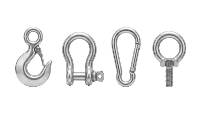 Stainless steel rigging hardware including hook shackle carabiner and eyebolt