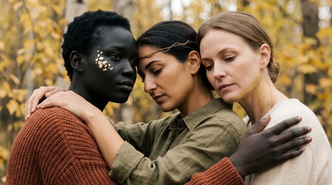 Three Generations Of Diverse Women Embrace Amid Golden Autumn Birch Forest