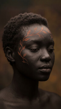 Contemplative Woman With Copper Vine Face Paint In A Moody Autumn Portrait