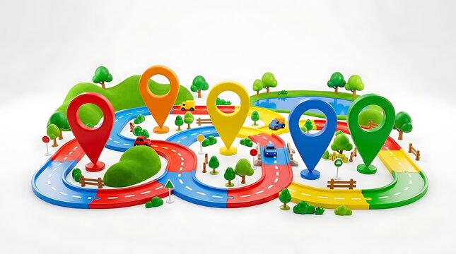 Colorful toy car track set with multiple map location pins and winding roads on white background representing kids play logistics and children travel planning concept for educational games