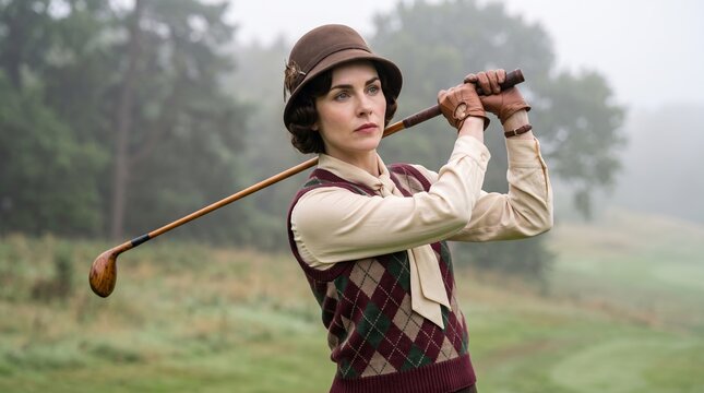 Woman golfer holding a wooden club on a misty countryside course. Classic sporting fashion, outdoor recreation, leisure lifestyle and focused athletic preparation concept.