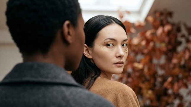 Woman With Golden Dotted Face Art Glances Back In An Autumn Greenhouse Scene