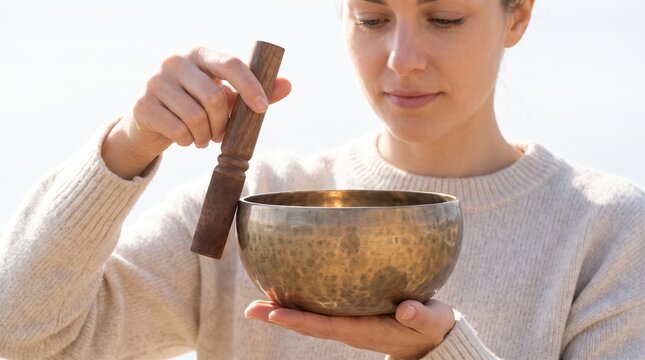 Woman holding and playing a singing bowl with wooden mallet. Mindfulness meditation practice, sound healing therapy, spiritual wellness and relaxation concept with copy space.