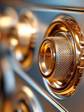 Close-up of a gleaming metallic safe's intricate gold combination lock. Luxury, security, and precision are highlighted in this detailed image