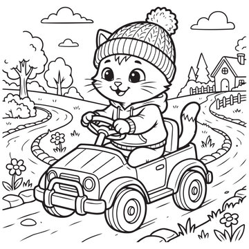 Cute Cartoon Cat Driving Car Coloring Page for Kids Black and White Line Art Vector Illustration Outdoor Adventure Scene Activity Book Graphic.