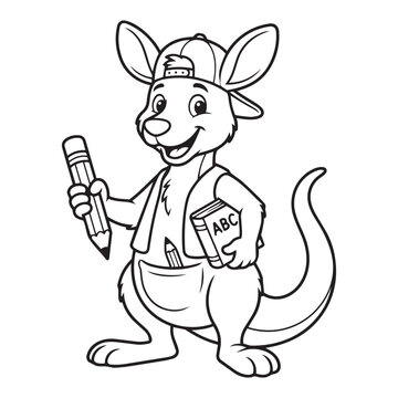 Cute Kangaroo Student Holding Pencil Book Back to School Animal Coloring Page Vector  Mascot Illustration.