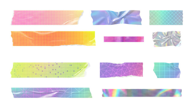 Set of holographic adhesive tape strips with geometric grid patterns isolated on transparent background