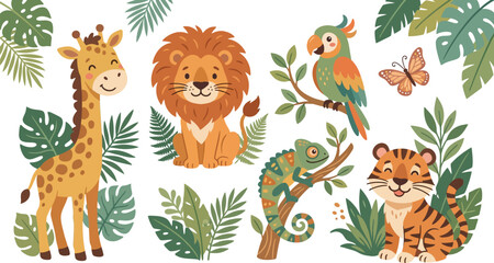 Naklejka premium Cute cartoon jungle animals set with giraffe lion parrot chameleon and tiger surrounded by tropical green leaves