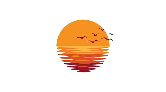 Minimalist orange sunset over sea with birds.