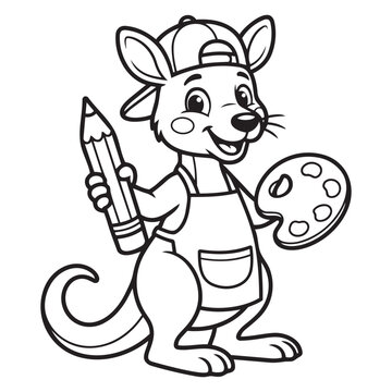 Happy Cartoon Kangaroo Artist Mascot Wearing Baseball Cap Holding Big Paintbrush Vector Illustration Black White Outline Design Creative Projects.
