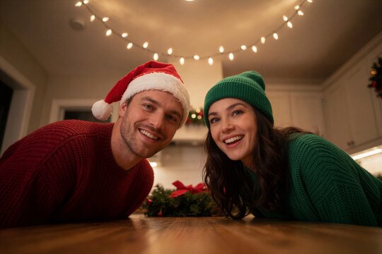 Cozy couple decorating a Christmas wreath together at a wooden table under warm string lights, capturing a joyful holiday moment.