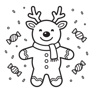 Cute Reindeer Gingerbread Cookie Coloring Page Vector Outline design For Kids Christmas.