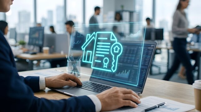 Businessman uses laptop with digital house hologram for online real estate investment and mortgage contract management.