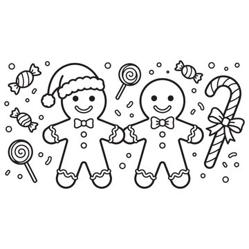 Cute gingerbread man couple with santa hat christmas coloring page for kids with candy cane sweets line art vector illustration.