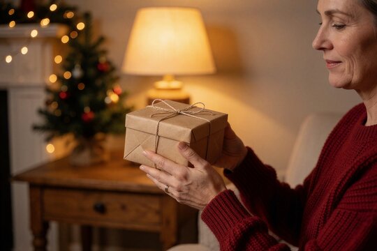 Woman holding a wrapped Christmas present in a warmly lit room with a blurred Christmas tree in the background.