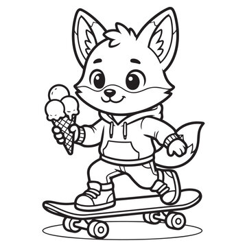 Fun Cute Fox Skateboarder Eating Ice Cream Cone Outline Coloring Page Vector Illustration For Kids Activity Book Printable Design.