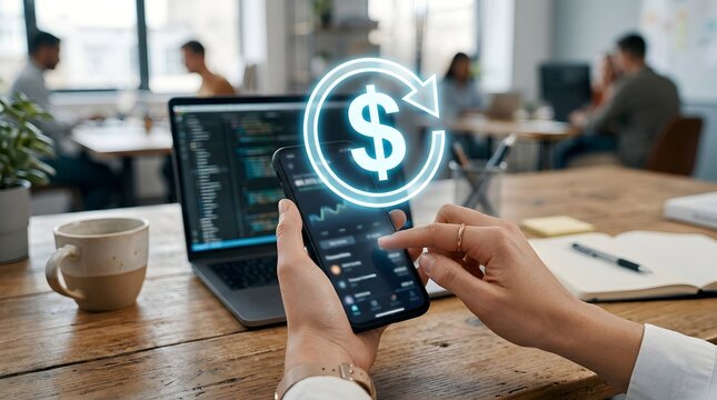 Hands using smartphone with glowing digital dollar icon and refresh symbol for financial transaction or cashback in modern office.