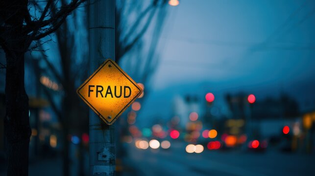 A yellow fraud warning sign mounted on a pole outdoors at dusk with blurred traffic lights in the background. This financial crime concept works well for security and cyber.