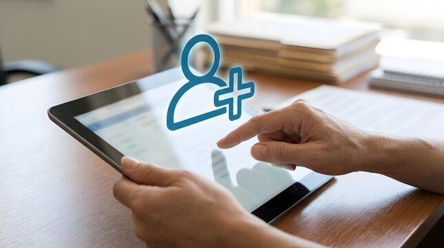 Business person using digital tablet for recruitment and networking with add user icon.