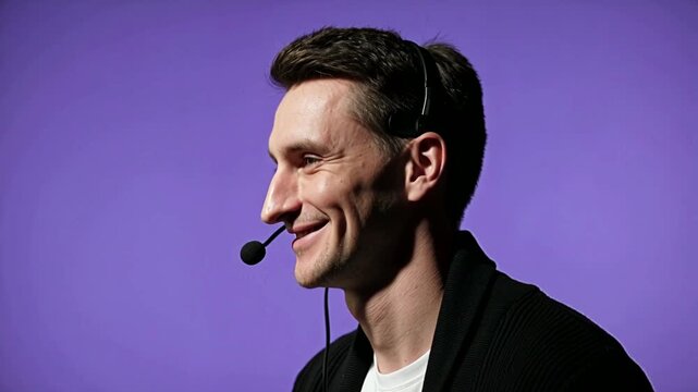 Male night-shift dispatcher in a black cardigan three-quarter profile