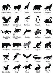 Naklejka premium Collection of 30 Animal Silhouettes with Names Including Elephant Lion Giraffe and Shark for Educational Design