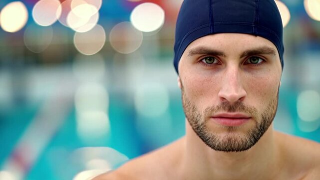 Male swimmer in a navy cap steady gaze pool background bokeh copy -0