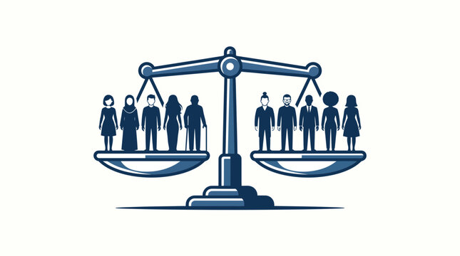 Balanced scales of justice featuring diverse groups of people standing on opposing sides representing equality and professional fairness within this professional minimalist blue vector graphic design 