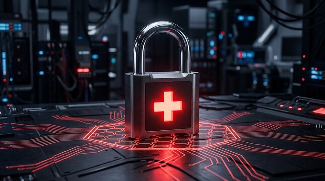 Chrome padlock with glowing red medical cross symbol resting on advanced circuit board with light trails representing emergency medical data security and digital healthcare infrastructure