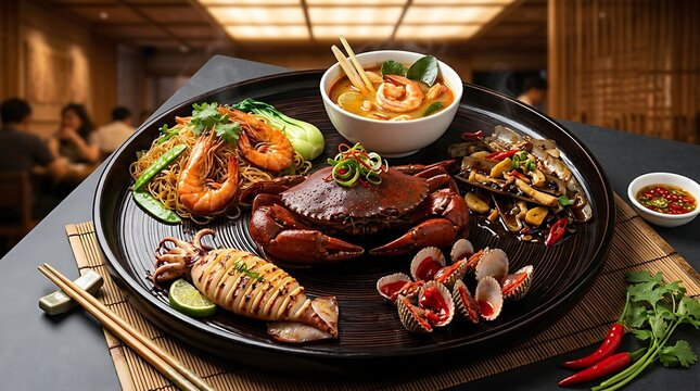 Gourmet seafood platter with cooked crab and shrimp and squid and clams and spicy soup served on dark circular plate in elegant restaurant setting with chopsticks and chili garnish