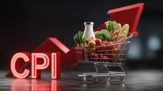 A shopping cart filled with fresh groceries sits in front of a rising red CPI text and chart arrow. Inflation and cost of living economic concept for financial news.