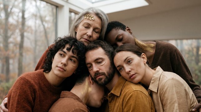 Diverse Family Group Embraces With Golden Face Art In An Autumn Forest Scene