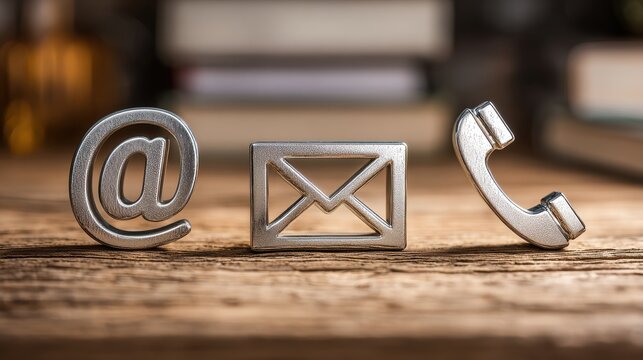 Silver email, internet, and phone symbols stand on a rustic wooden table under soft lighting. This setup is perfect for customer support and contact page concepts.