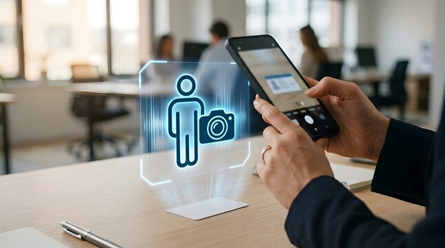 Person scanning ID card with smartphone for biometric verification and digital identity using AR in office.