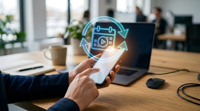 Person using smartphone with holographic calendar for automated scheduling and digital planning in office.