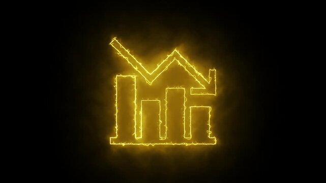 Glowing gold neon business graph down trend arrow animation on black background loop.