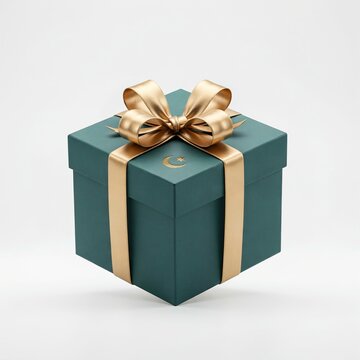 Teal green gift box with golden ribbon bow and crescent moon symbol on white background