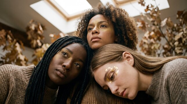 Three Women With Golden Face Art Gather Under Soft Autumn Greenhouse Light