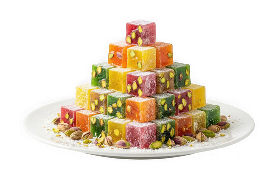 Pyramid of colorful turkish delight cubes with pistachios on a plate isolated on transparent background